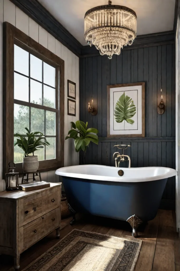 A cozy farmhouseinspired bathroom with shiplap walls a vintagestyle clawfoot tub and