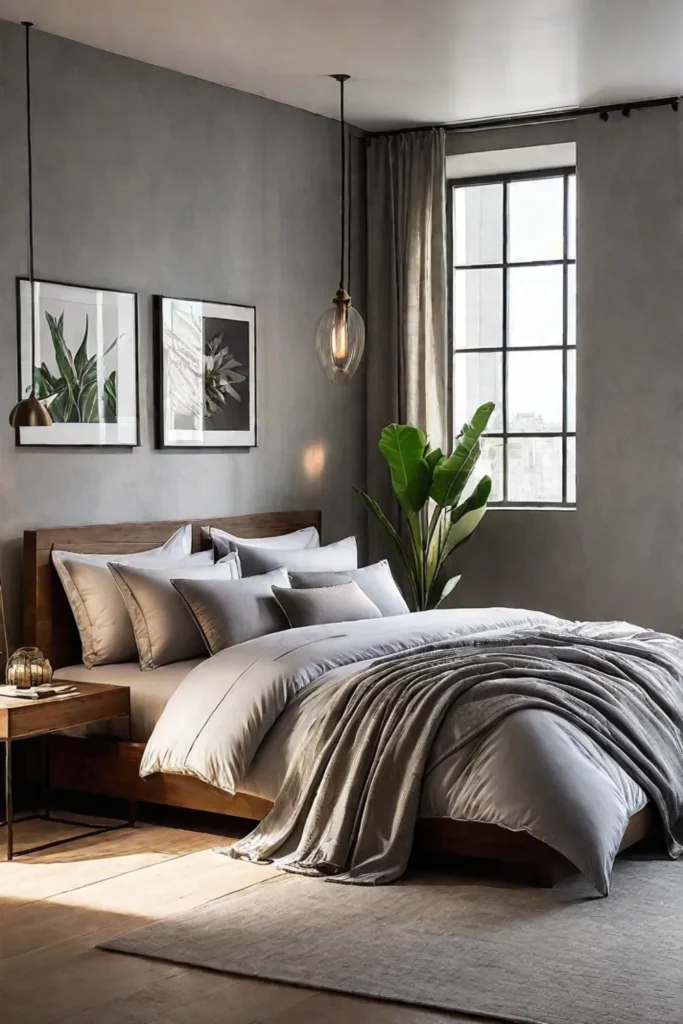 A cozy minimalist bedroom with a focus on natural materials and a