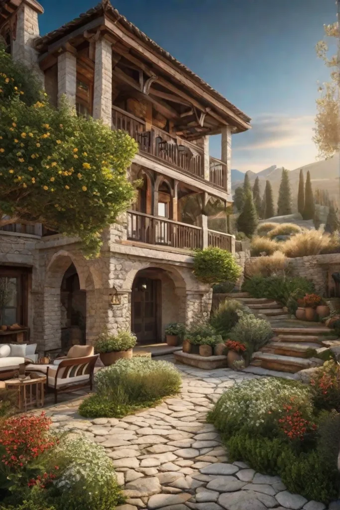 A cozy rustic charm enclave patio designed with natural wood furniture vintage