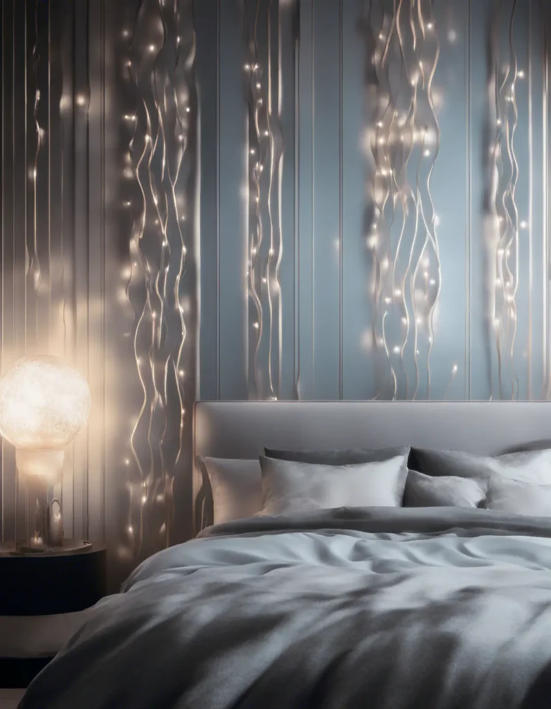 A detail shot of a bedroom with wallpaper with metallic accents shimmering softly under ambient light