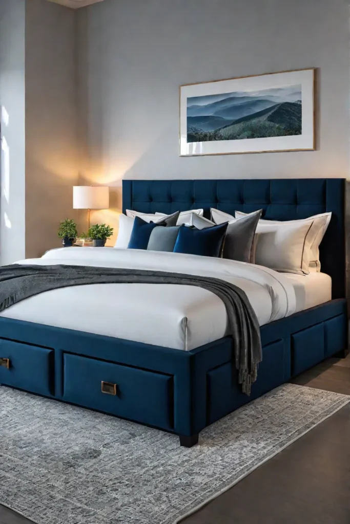 A minimalist bedroom centered around a functional multipurpose platform bed with integrated