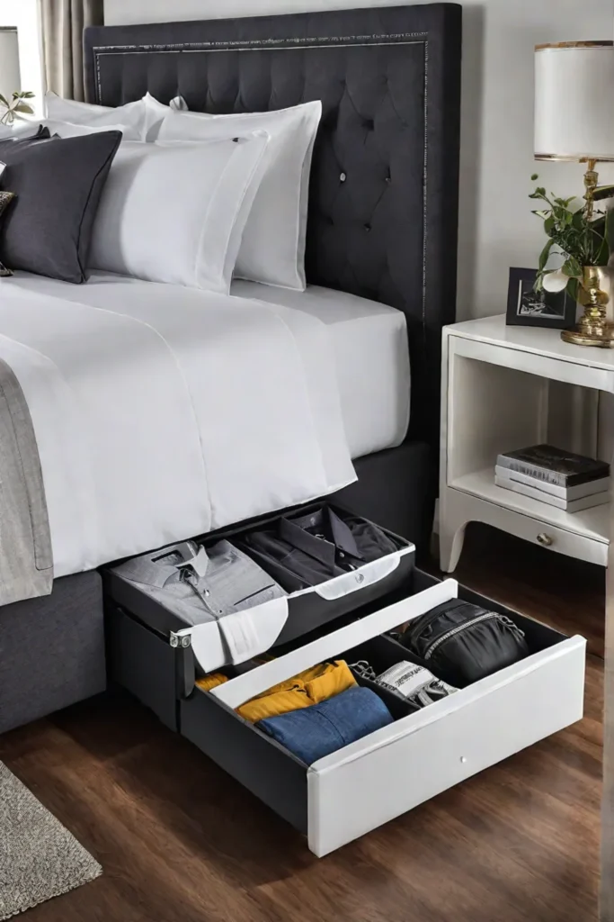 A minimalist bedroom showcasing efficient underbed storage options