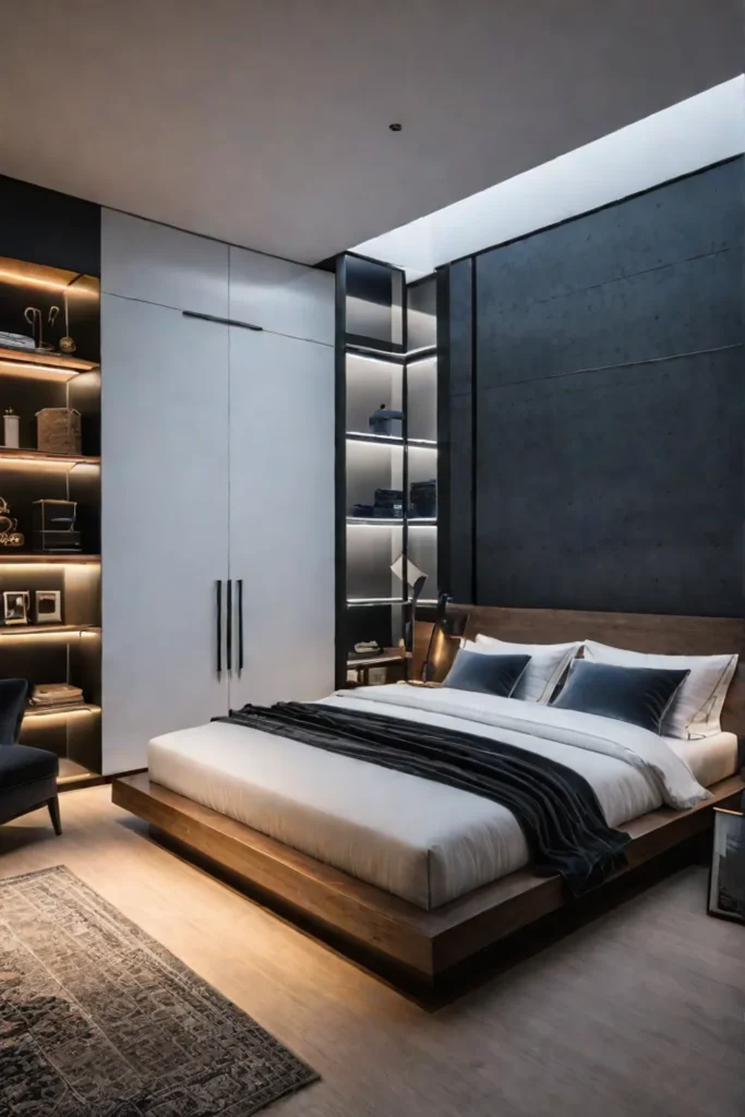 A minimalist bedroom that balances open and closed storage solutions