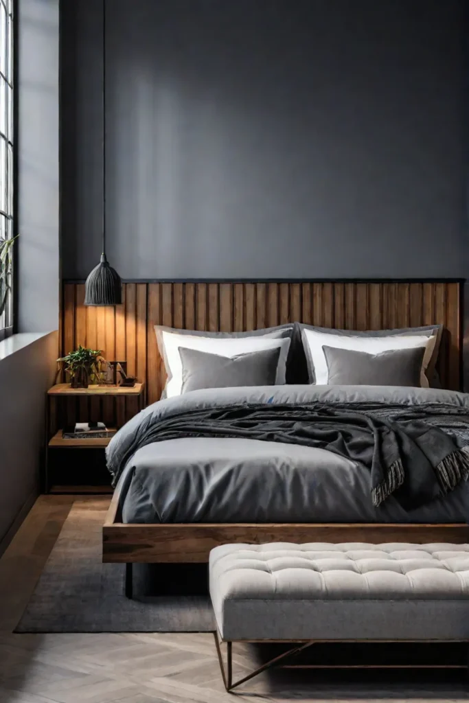 A minimalist bedroom that blends natural and industrial design elements