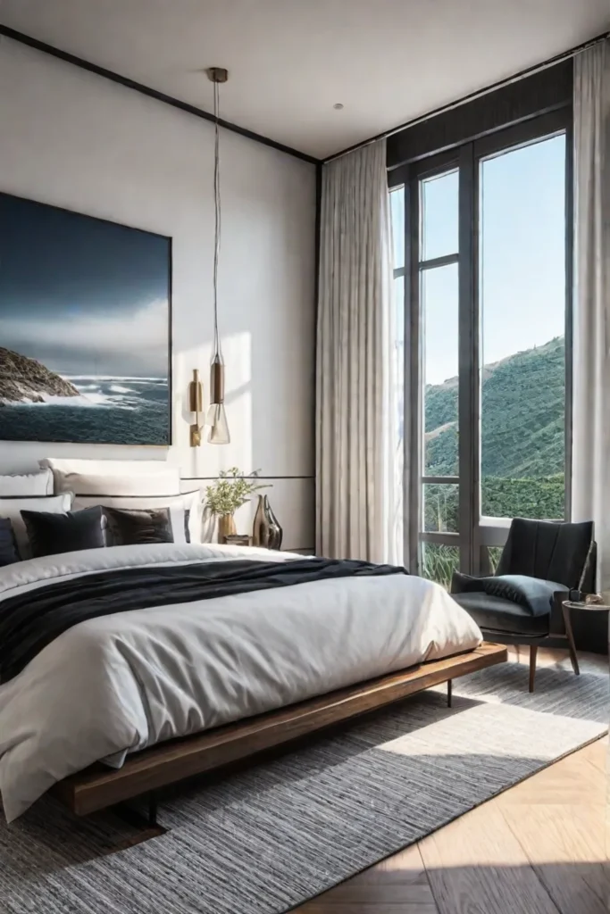 A minimalist bedroom that embraces natural light and a pareddown calming aesthetic