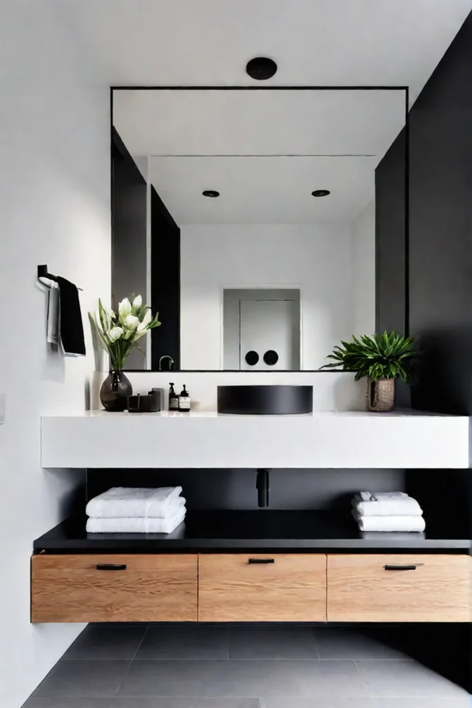 A modern minimalist bathroom with sleek black fixtures a floating vanity and
