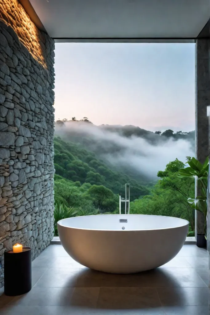 A serene spalike bathroom with a walkin shower natural stone walls and
