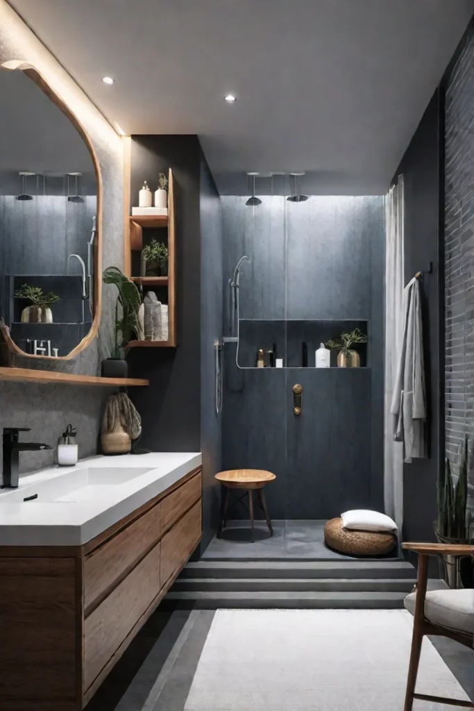 A small efficient bathroom with a wallmounted vanity a corner shower and
