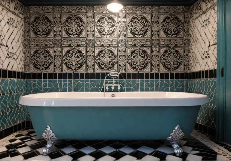 A stunning bathroom showcasing retroinspired tile designs with intricate patterns and afeat