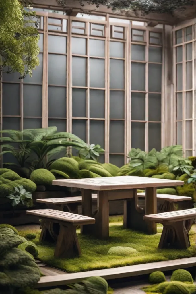 A tranquil Zen patio corner with a small intricately designed rock garden