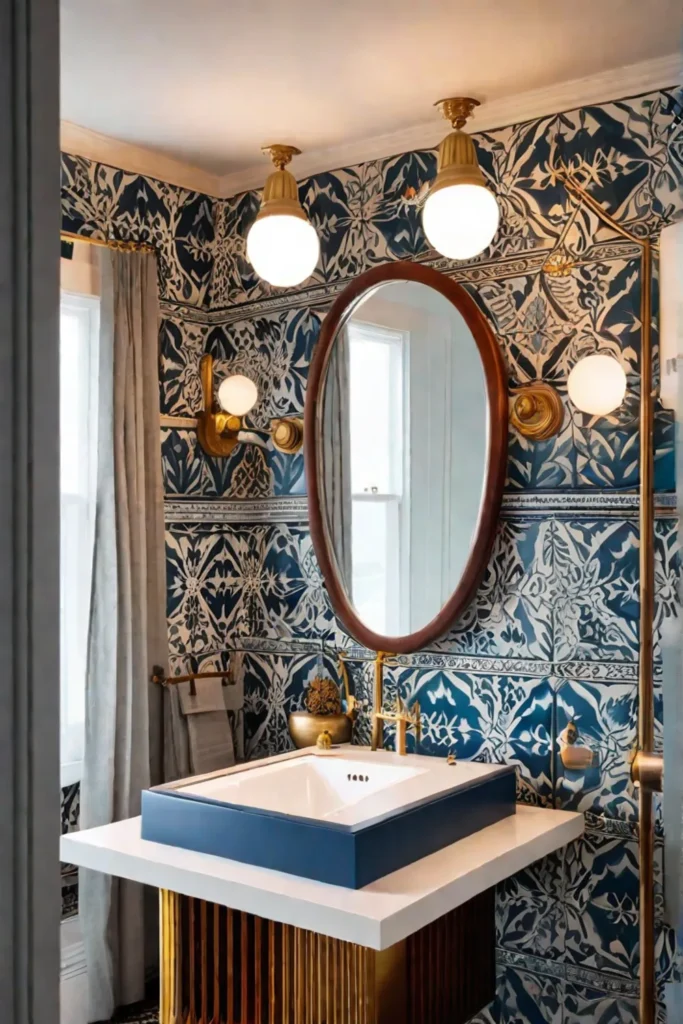 A vibrant eclectic bathroom with bold patterned tiles a vintageinspired vanity and