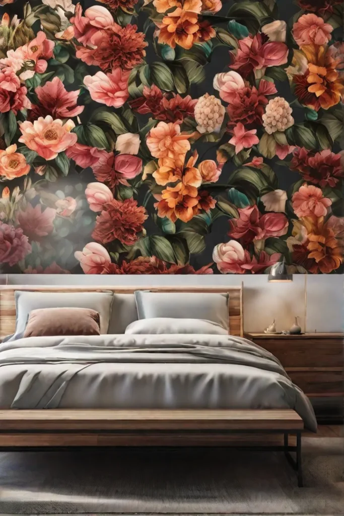 A wall covered in floral wallpaper where intricate flowers bloom in vibrant