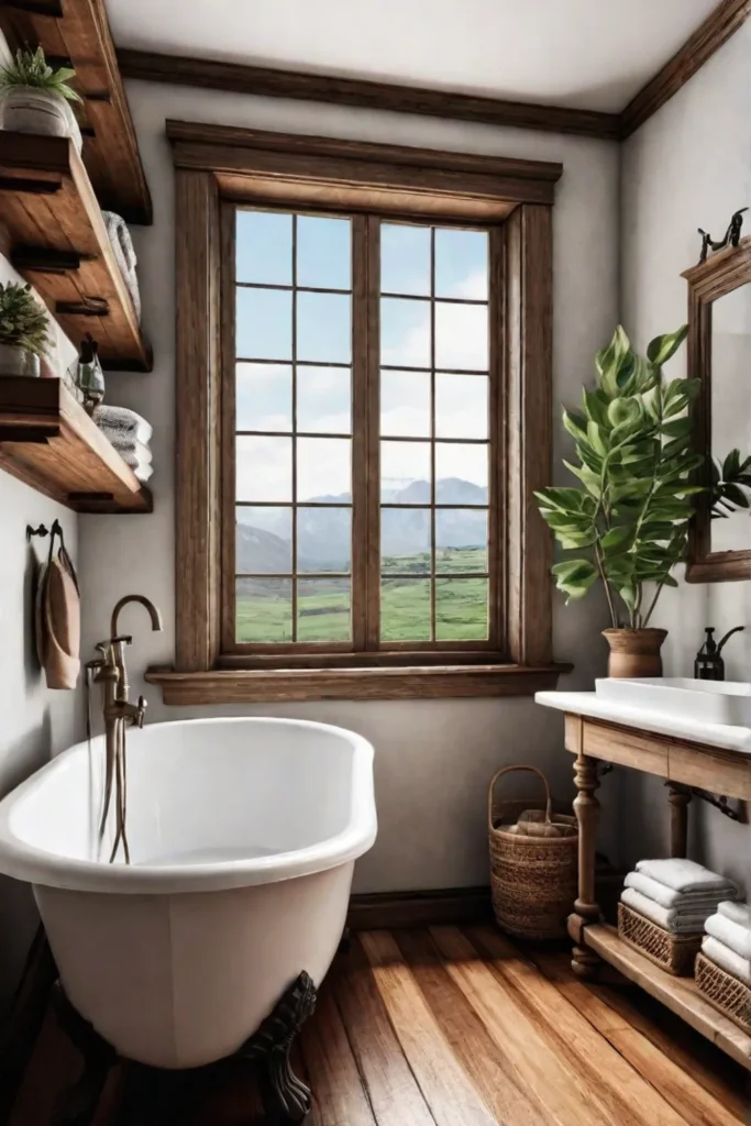 A warm inviting bathroom with a clawfoot tub wooden shelves and a