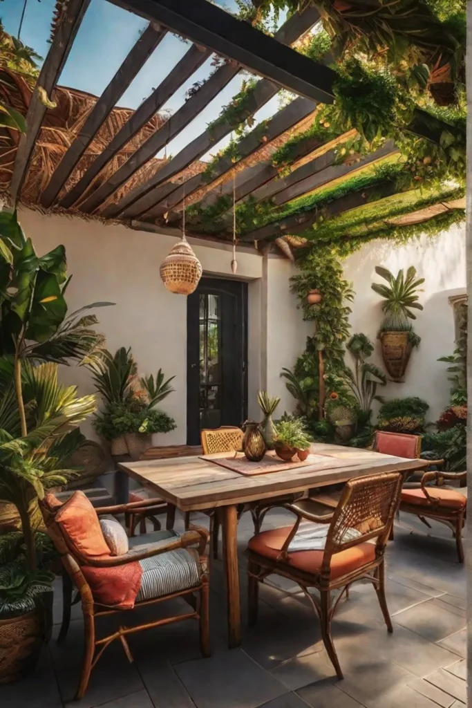 An eclectic bohemianstyle patio adorned with colorful textiles mismatched eclectic furniture and