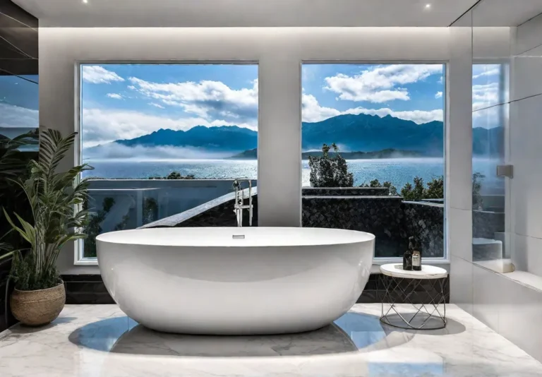 Elegant bathroom design featuring a classic marble tile floor and walls withfeat